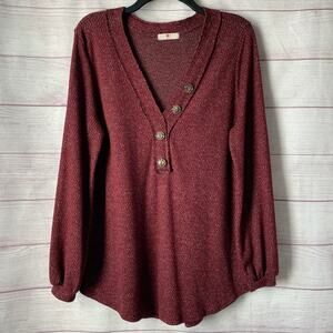 AXIS Burgundy Knit Sweater Shirt V-Neck Button Detail Long Sleeve Size L